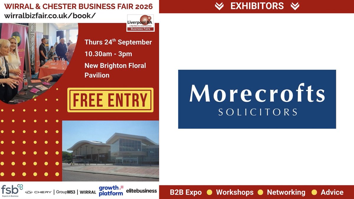 Morecrofts's tweet photo. We’re looking forward to the 21st Wirral & Chester Business Fair on 24th September at New Brighton Floral Pavilion. Alongside meeting our team at the B2B exhibition, there’ll be workshops and networking. Plus it's free to attend.
https://t.co/fiq9MaSeZZ
#Solicitors #Merseyside https://t.co/2JNqkQVJvG