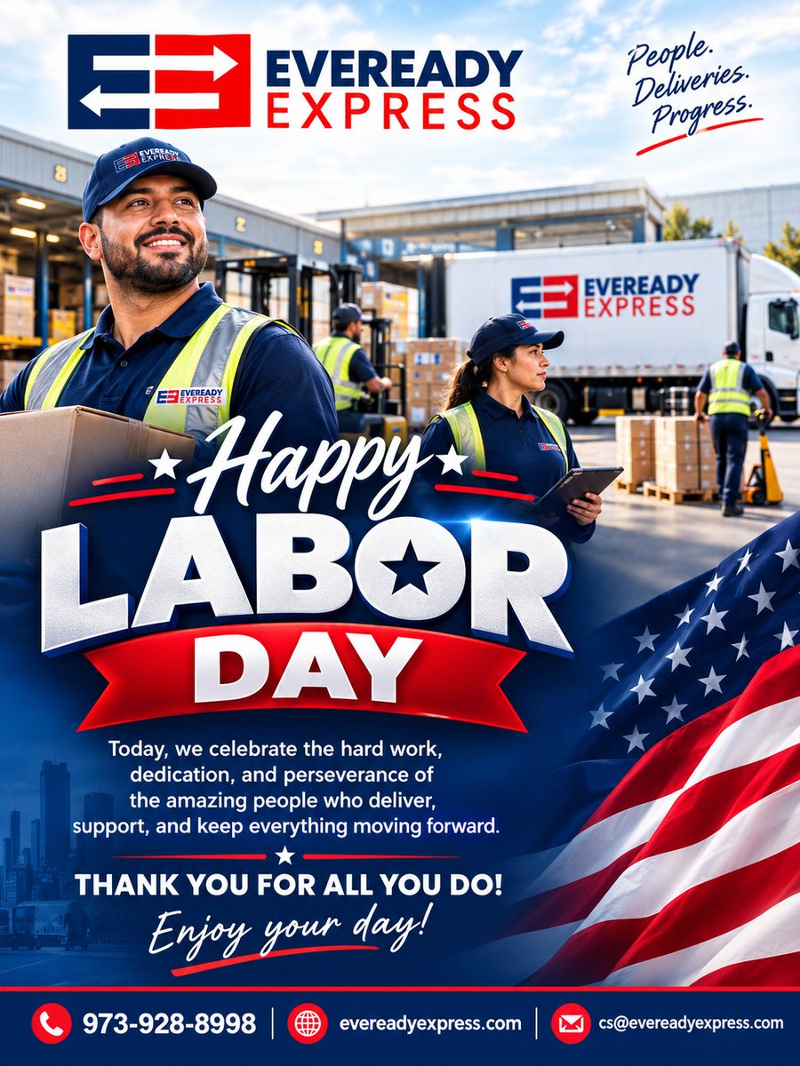 EvereadyExpress's tweet photo. 🇺🇸 Happy Labor Day from Eveready Express! 🚛 Celebrating the hardworking people keeping NJ, NY &amp; PA businesses moving. Thank you for all you do! #LaborDay #Logistics #NJBusiness #NYBusiness #PABusiness https://t.co/DUVsN9XfLe