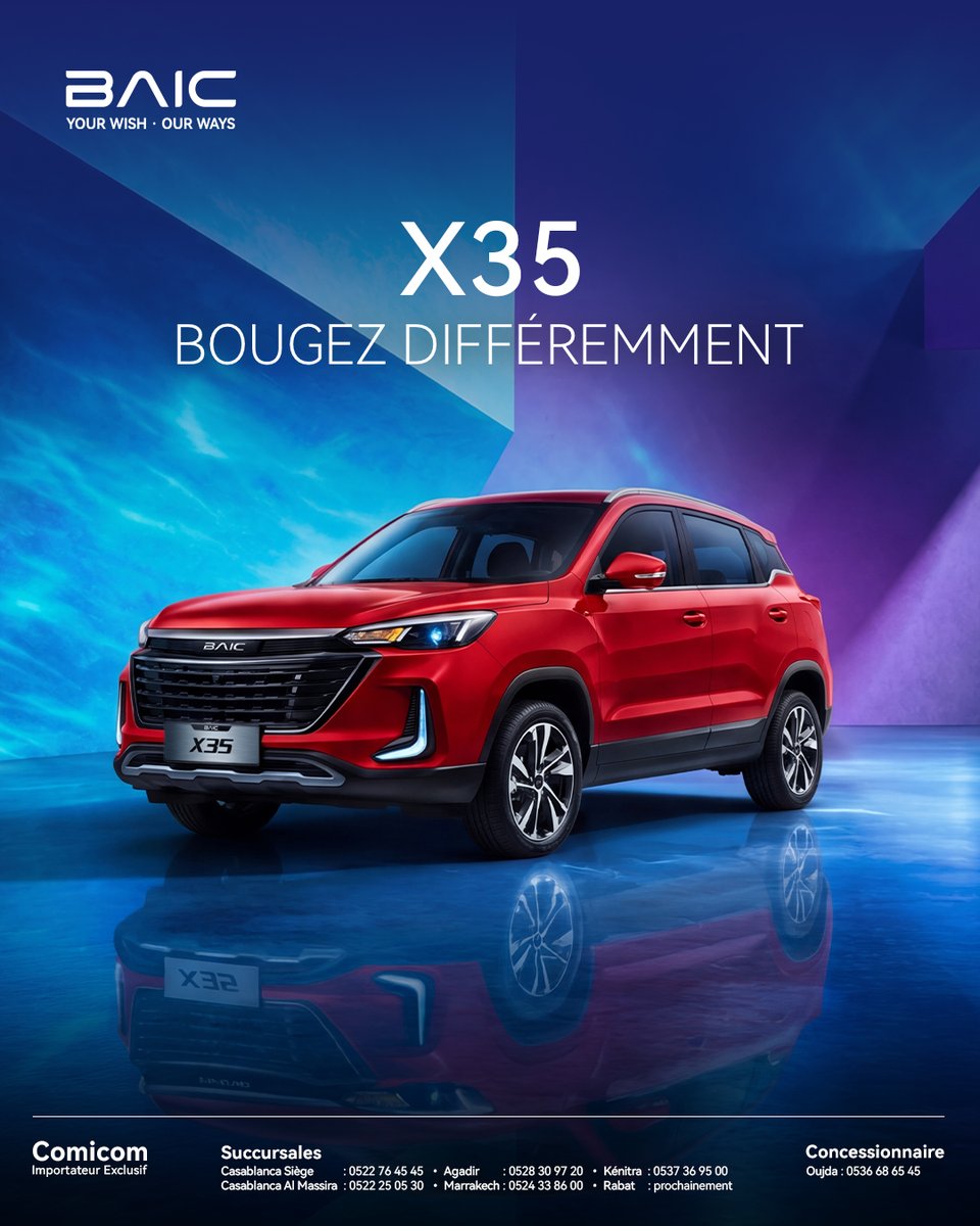 BaicMaroc's tweet photo. Agile en ville, dynamique sur la route : le SUV BAIC X35 s'adapte à vos envies. Ses équipements connectés et sa polyvalence rehaussent chacun de vos trajets .

Découvrez le sur : https://t.co/cR4we23tx5

Ou contactez nous sur le numéro suivant : 📷 05.22.76.45.45

#BAIC #X35 https://t.co/HEhc9ExINv