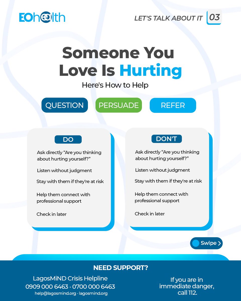 eohealthhub's tweet photo. Letβs talk about it.
Suicidal ideation can involve thinking about, planning, or wishing to end oneβs life.
It isnβt weakness. It can be a sign of deep emotional pain and help is available.
Listen. Reach out. Encourage someone to seek help.
#EOhealth #MentalHealth https://t.co/Qpg2zDmNEX