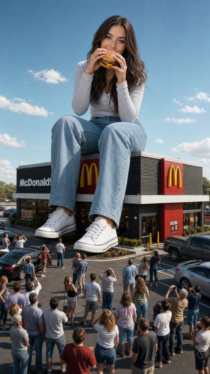 meAsifAi's tweet photo. Created with @grok
Super-sized cravings, giant mood. 🍟👀 #Giantess #McDonalds #PlayfulArt #XPrompt :
EDIT THE UPLOADED PHOTO USING THE PERSON IN THE REFERENCE IMAGE AS THE EXACT SUBJECT.
REFERENCE / IDENTITY LOCK:
Use the uploaded photo as the ONLY identity reference for the person. Preserve the person's exact facial identity, face shape, facial features, skin tone, hairstyle, hair texture, body proportions, and recognizable appearance. Do not replace, redesign, beautify, or change the person's identity. Keep the person clearly recognizable as the same individual.
TRANSFORM THE SCENE:
Create a highly realistic surreal-scale commercial photograph where the person has been enlarged to an enormous giant size and is sitting naturally on top of a McDonald’s restaurant building.
The giant person is seated comfortably on the flat rooftop/upper structure of the restaurant, with their legs extending naturally downward toward the front of the building. The person is holding a large realistic hamburger with both hands and is naturally eating/taking a bite from it.
Keep the person's original clothing from the uploaded reference photo unless minor adjustments are required for realistic composition. Preserve the clothing style, colors, materials, and overall appearance.
COMPOSITION:
Show the entire giant person clearly from head to feet, with the McDonald’s restaurant visible underneath. Include the recognizable golden arches on the building and a realistic parking lot/street environment below. A large group of ordinary people should be standing around the restaurant and looking upward at the giant person with surprised, amazed, and curious reactions. Include several realistic parked cars around the restaurant.
The giant person's scale must be dramatically larger than the building, creating a believable forced-perspective / giant-person advertising concept.
REALISM:
Make the giant person physically integrated into the environment. Their body must have realistic contact, weight, shadows, reflections, lighting, and perspective. Match the sunlight direction, color temperature, atmospheric haze, and shadows between the person and the environment.
Use realistic human anatomy, natural hands, correct fingers, realistic feet, realistic clothing folds, and physically believable proportions.
CAMERA & QUALITY:
Premium cinematic commercial photography, wide-angle perspective, slightly low camera angle, full scene visible, sharp focus, realistic depth, natural daylight, detailed architecture, realistic crowd, realistic vehicles, highly detailed skin texture, natural hair strands, realistic fabric texture, professional advertising photography, photorealistic, ultra-detailed, high dynamic range, extremely high resolution.
The final image should look like a professionally photographed real-world giant-scale advertising campaign, NOT an AI-generated image.
NEGATIVE PROMPT:
cartoon, anime, illustration, CGI look, 3D render, plastic skin, wax skin, fake face, altered identity, different person, distorted face, bad anatomy, extra fingers, missing fingers, deformed hands, duplicated limbs, floating body, unrealistic proportions, blurry face, low resolution, artificial lighting, unrealistic shadows, warped architecture, distorted cars, duplicated people, messy crowd, oversaturated colors, obvious AI artifacts.