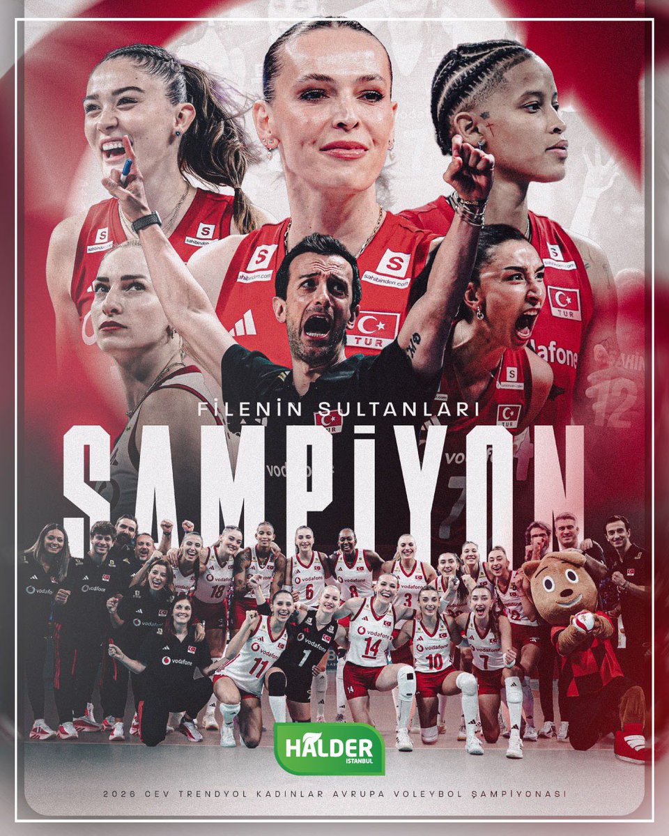halderistanbul's tweet photo. 𝐒̧𝐚𝐦𝐩𝐢𝐲𝐨𝐧 𝐓𝐮̈𝐫𝐤𝐢𝐲𝐞! 🇹🇷

2026 CEV Trendyol Kadınlar Avrupa Voleybol Şampiyonası'nda ikinci kez şampiyonluğa ulaşan A Milli Kadın Voleybol Takımımızı yürekten kutluyor, ülkemize yaşattıkları bu büyük gurur için tüm sporcularımıza ve teknik ekibimize teşekkür ediyoruz https://t.co/lLcC1K4Ksi