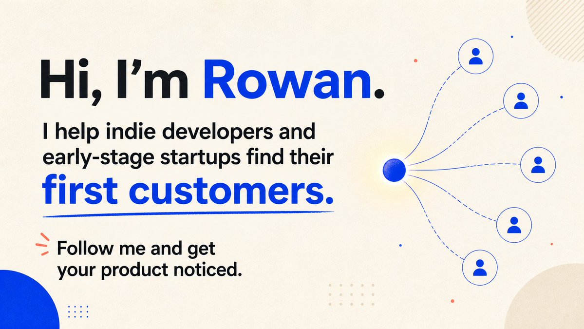BuildWithRowan's tweet photo. Hi, I’m Rowan. I help indie developers and early-stage startups find their first customers. Follow me and get your product noticed. https://t.co/Y7pmL0W4DM