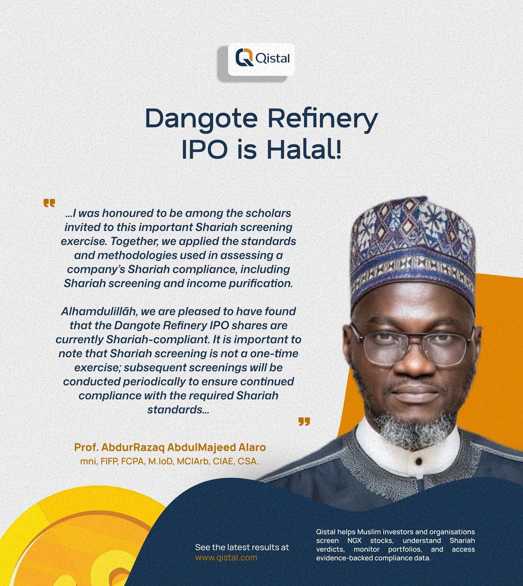 muslimsconnect0's tweet photo. Alhamdulillah, an independent Shariah screening exercise has confirmed that the Dangote Refinery IPO currently meets the required Shariah compliance standards.

- Oke Taofeek Deji https://t.co/4iLH62T49X