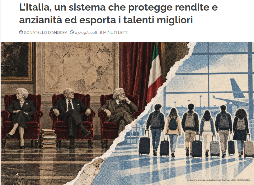 partigggiano's tweet photo. "L’Italia è uno dei più grandi Paesi esportatori al mondo. Esportiamo moda, design, agroalimentare, automotive, lusso. Siamo un’eccellenza riconosciuta a livello globale in quasi tutti i settori manifatturieri e creativi.

C’è però una categoria merceologica nella quale superiamo tutti, una prelibatezza che il mercato internazionale apprezza particolarmente e che produciamo con una generosità sconosciuta agli altri settori: i cervelli. Quelli li esportiamo gratis, in quantità industriali e senza dazio.

Va detto subito, per evitare equivoci: questo non è un problema di chi governa. È un problema strutturale che attraversa trent’anni di classi dirigenti di ogni tipo.

Il che è, se possibile, ancora più sconfortante: significa che non si risolve cambiando governo. Si risolve cambiando sistema. E cambiare sistema è ciò che nessuna classe dirigente, in nessuna stagione politica, ha mai voluto fare davvero".
Donatello D'Andrea su InOltre. Il link nel primo commento.