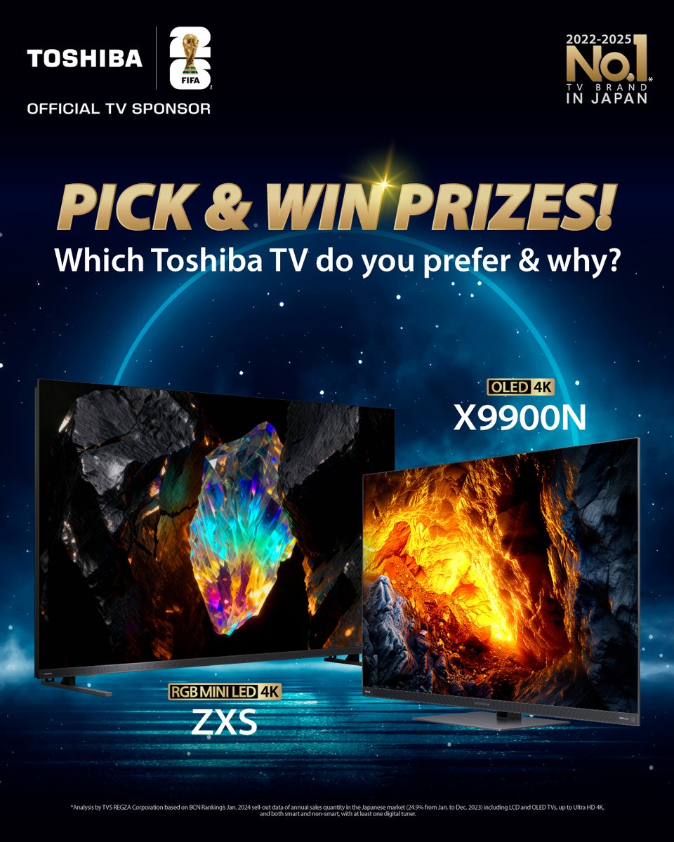 MYToshibaTV's tweet photo. 🧩Comment &amp; Win! Between ZXS &amp; X99900N, which ToshibaTV do you prefer more?! 🧐
To enter: 
1️⃣ Follow us 
2️⃣ Like &amp; Repost 
3️⃣ Reply with your answer &amp; tag a friend!

T&amp;C: https://t.co/CejkulHiuo

#ToshibaTV #No1TVinJapan #FeelEveryGoal https://t.co/x1QwsbTHUv