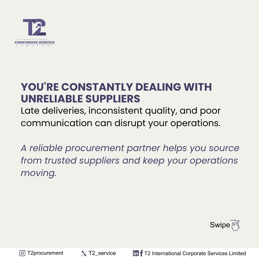 T2_service's tweet photo. Are procurement tasks eating up your time and budget? Swipe through to see the 4 signs your business needs a procurement partner.
​#Procurement #SupplyChain #BusinessGrowth #BBNaija https://t.co/IulsqiQAQY