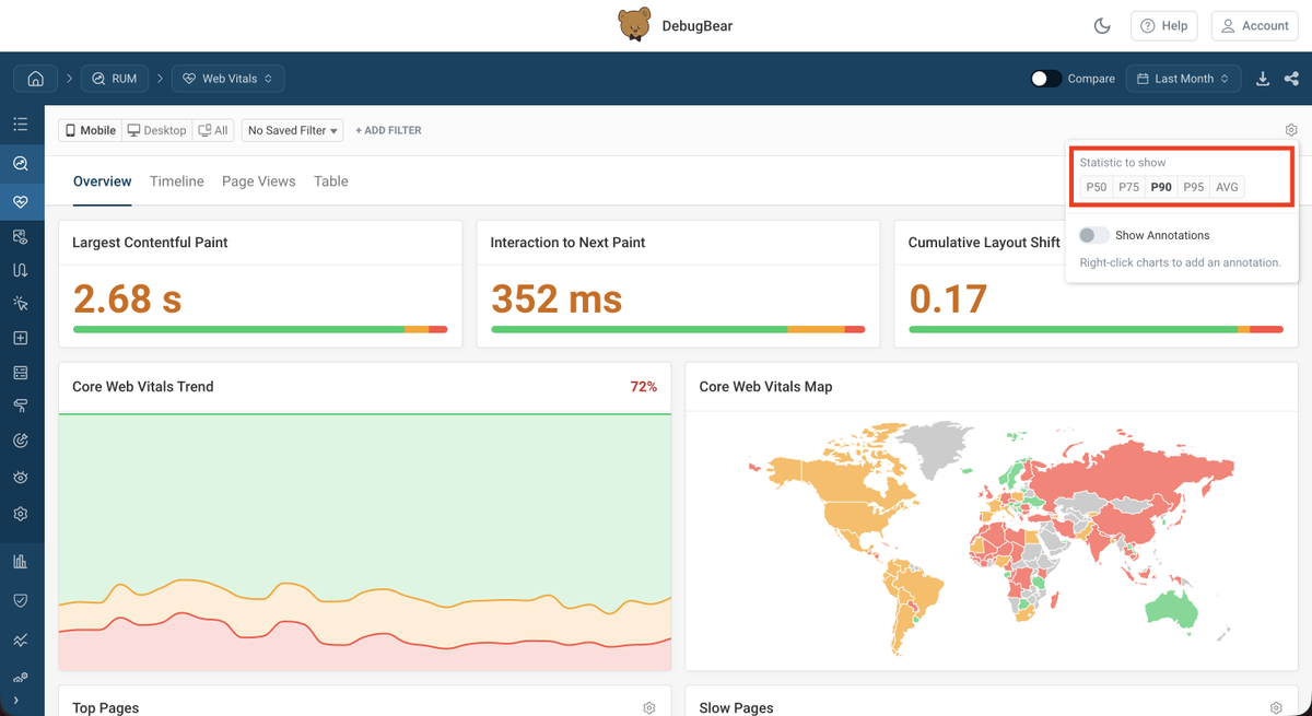nucliweb's tweet photo. P75 is green: LCP 1.58s, INP 176ms, CLS 0.01. P90: LCP 2.68s, INP 352ms, CLS 0.17. 15% of visits get a noticeably worse experience.

Product Performance doesn't end once you pass CrUX. If P75 is good, work on P90.

#WebPerf #CoreWebVitals #ProductPerformance https://t.co/SrGx3nYvjI