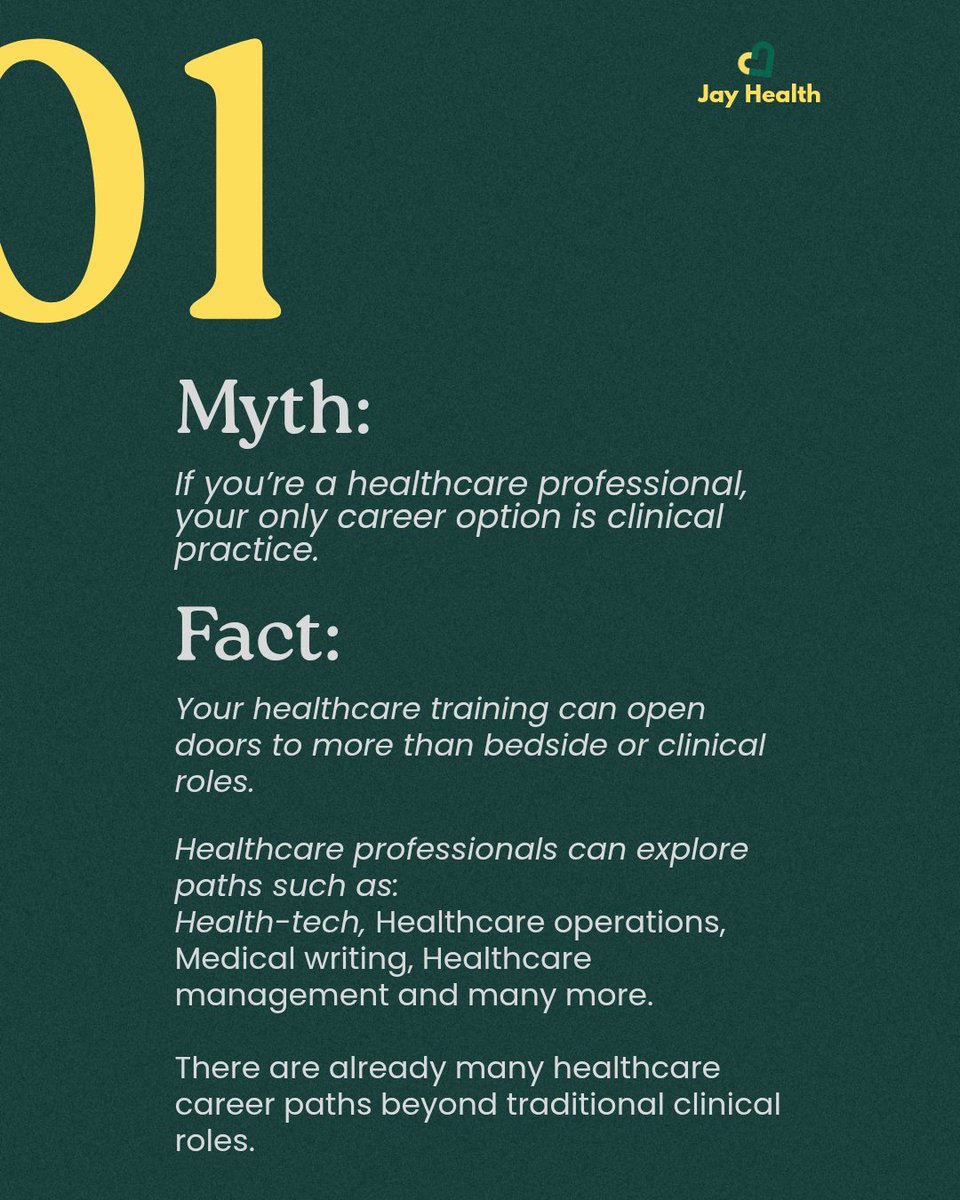 _theJayHealth's tweet photo. MYTH: Your healthcare career can only follow one path. 
TRUTH: Your skills can open doors to many possibilities beyond traditional clinical roles.

Not sure where to start? A Career Clarity Call can help you explore your options and plan your next move.

Link in bio🔗 https://t.co/8F1XgcEEvu