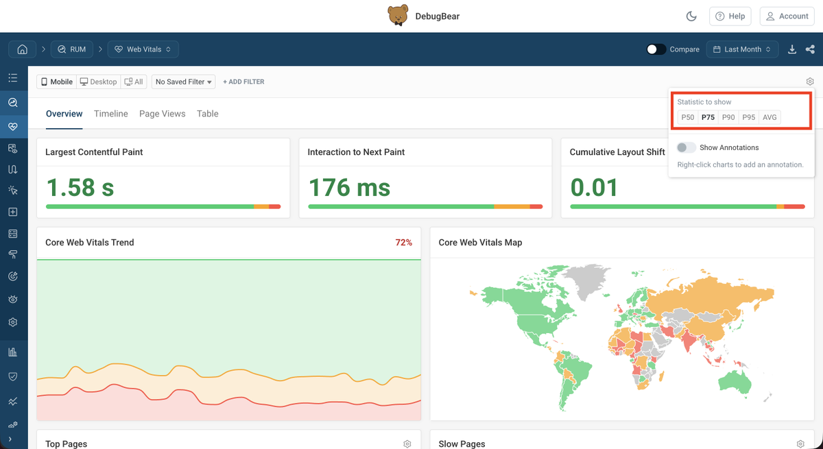 nucliweb's tweet photo. P75 is green: LCP 1.58s, INP 176ms, CLS 0.01. P90: LCP 2.68s, INP 352ms, CLS 0.17. 15% of visits get a noticeably worse experience.

Product Performance doesn't end once you pass CrUX. If P75 is good, work on P90.

#WebPerf #CoreWebVitals #ProductPerformance https://t.co/SrGx3nYvjI