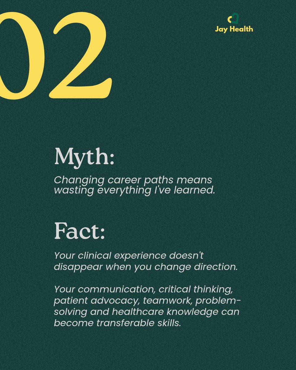 _theJayHealth's tweet photo. MYTH: Your healthcare career can only follow one path. 
TRUTH: Your skills can open doors to many possibilities beyond traditional clinical roles.

Not sure where to start? A Career Clarity Call can help you explore your options and plan your next move.

Link in bio🔗 https://t.co/8F1XgcEEvu