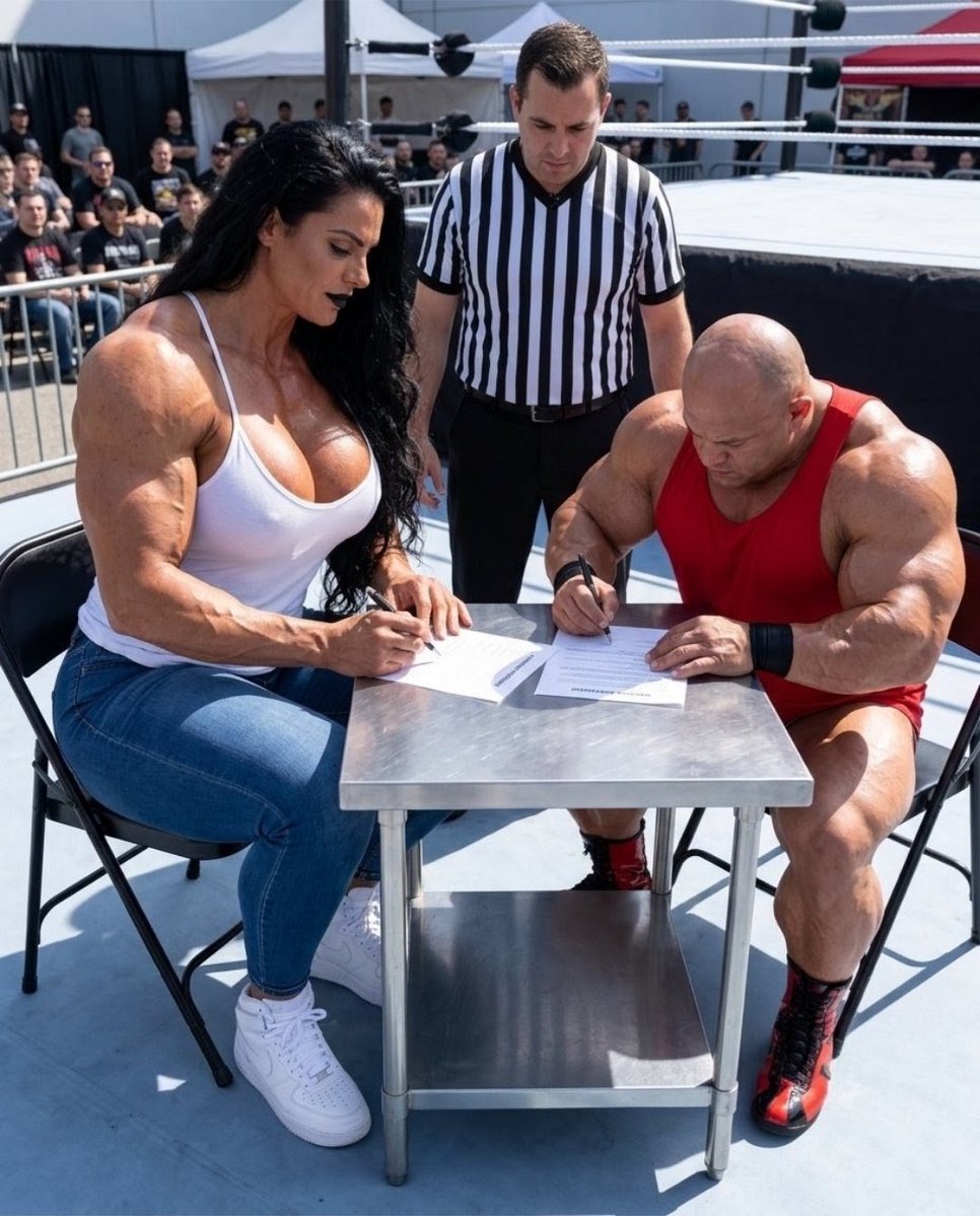 MissEvaPro's tweet photo. Contract signed! 💪 Strongest Man vs. Strongest Woman.. who do you think is taking the win? 🔥

#tallwoman #wrestling #musclemommy #gymgirl https://t.co/CkMdS9Kjx4