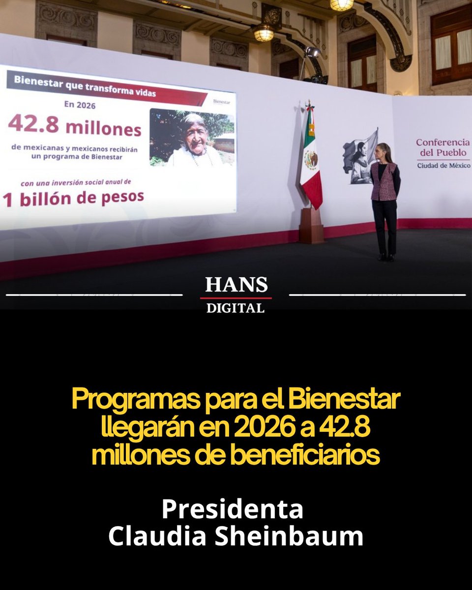 HansDigital2's tweet photo. 🛑Con más de 1 billón de pesos para 42.8 millones de beneficiarios, avanza la meta 2026 de #ProgramasParaElBienestar: presidenta @Claudiashein 

👉La inversión social pasó de 106,646 millones de pesos en el 2018 a superar el billón de pesos en este 2026

➡️ https://t.co/Cz5oVaT9NF