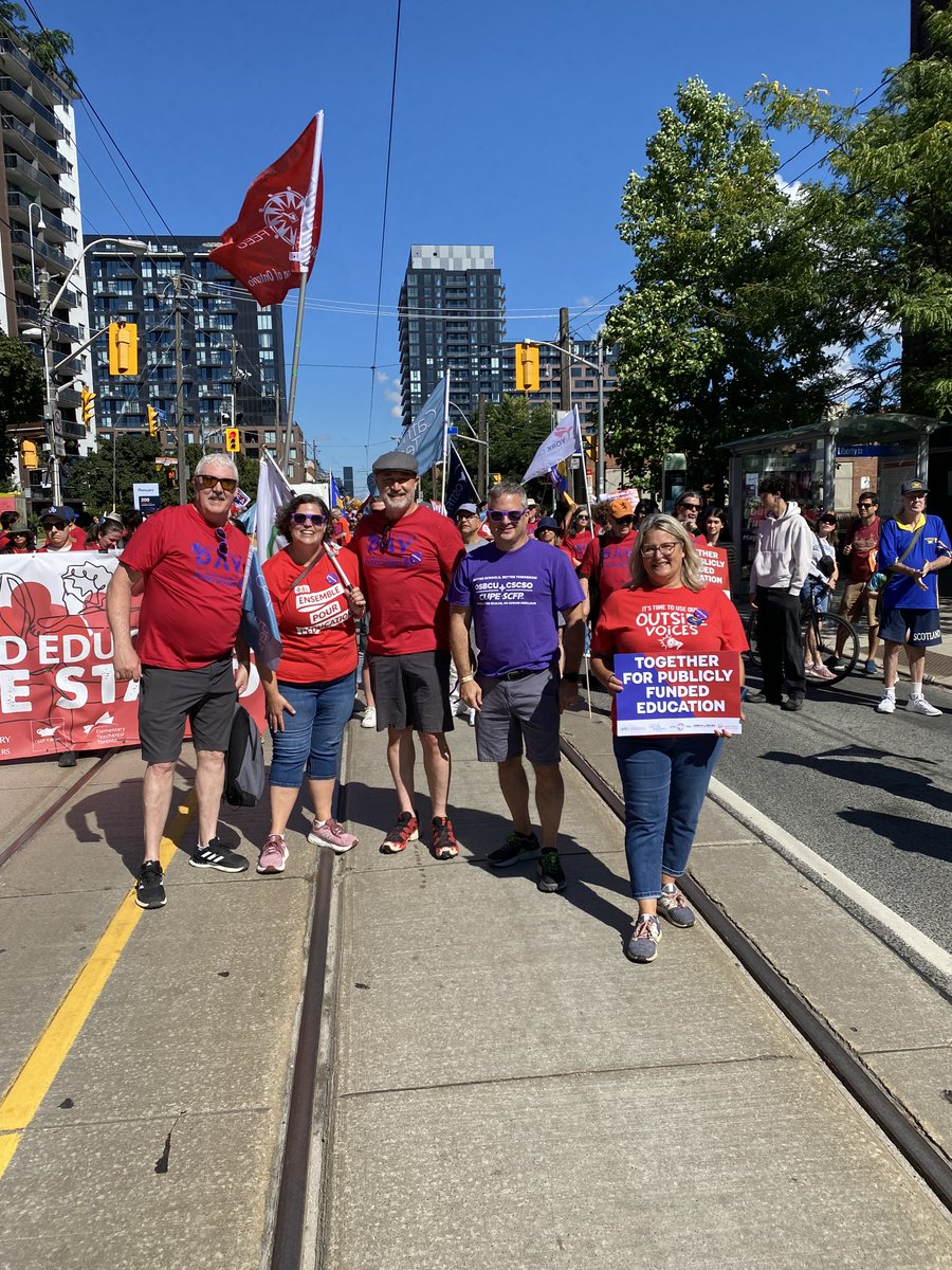 OECTAProv's tweet photo. #CatholicTeachers, joined by #OntEd leadership from @AEFO_ON_CA, @ETFOeducators, @osbcucscso, and @osstf, take action at the Toronto #LabourDay Parade.

We're #TogetherForPubliclyFundedEducation and we're championing the power of solidarity across Ontario ✊ https://t.co/jueNEPCZNU