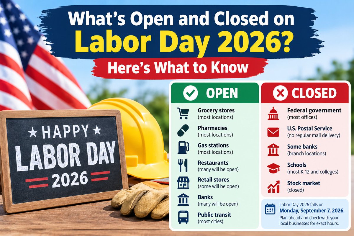 Riyat4dz's tweet photo. 🇺🇸 Labor Day 2026 is here! Wondering what’s open or closed today? From banks and post offices to stores, schools and the stock market, here’s what you need to know before making your plans. 👇
https://t.co/5h3UMK12GW

#LaborDay #LaborDay2026 #News #ForYou #Trending #Reels https://t.co/DIYqqGoJ95