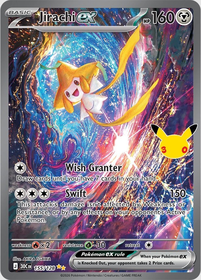 PokemonDealsTCG's tweet photo. Jirachi ex Special Illustration Rare Officially Revealed in English for 30th Celebration💫

#Pokemon #PokemonTCG https://t.co/BDVjS22q0p