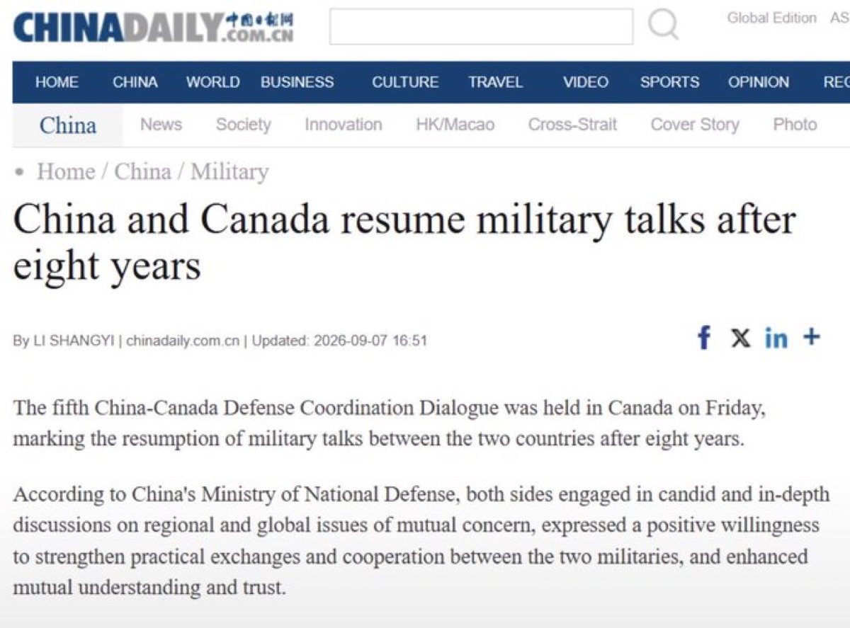 andrearthurciel's tweet photo. Le ministère de la Défense chinois annonce la reprise des discussions avec le gouvernement Libéral de Mark Carney. 

Ce n’est pas le Canada qui l’annonce. L’honorable @FP_Champagne préfère vous le cacher. Votre propre gouvernement ne dit RIEN.

Ça regarde bien pour les négociations commerciales avec les États-Unis. En passant, la Chine, c’est le pays que Carney qualifiait comme étant« notre plus grande menace ».

Elbows up?

Cc: @PeteHegseth @JDVance @SecRubio @SecScottBessent @jamiesongreer 

*