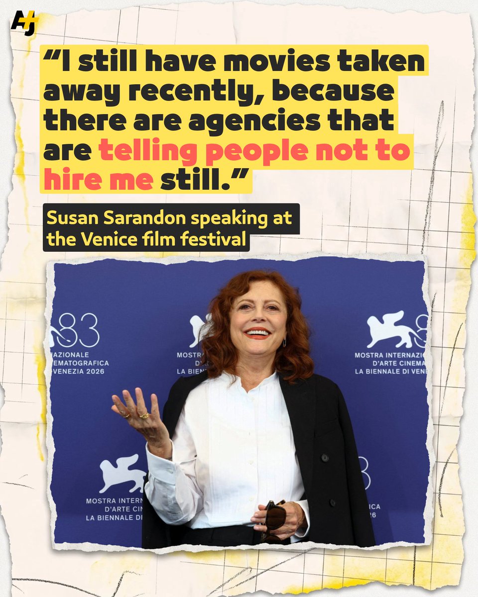 ajplus's tweet photo. Susan Sarandon says she is losing movie roles because she's vocal about Palestinian rights. https://t.co/mZyIJoqXGt