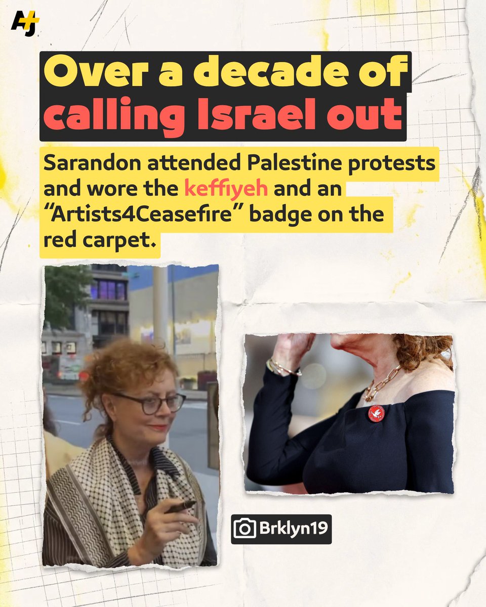 ajplus's tweet photo. Susan Sarandon says she is losing movie roles because she's vocal about Palestinian rights. https://t.co/mZyIJoqXGt