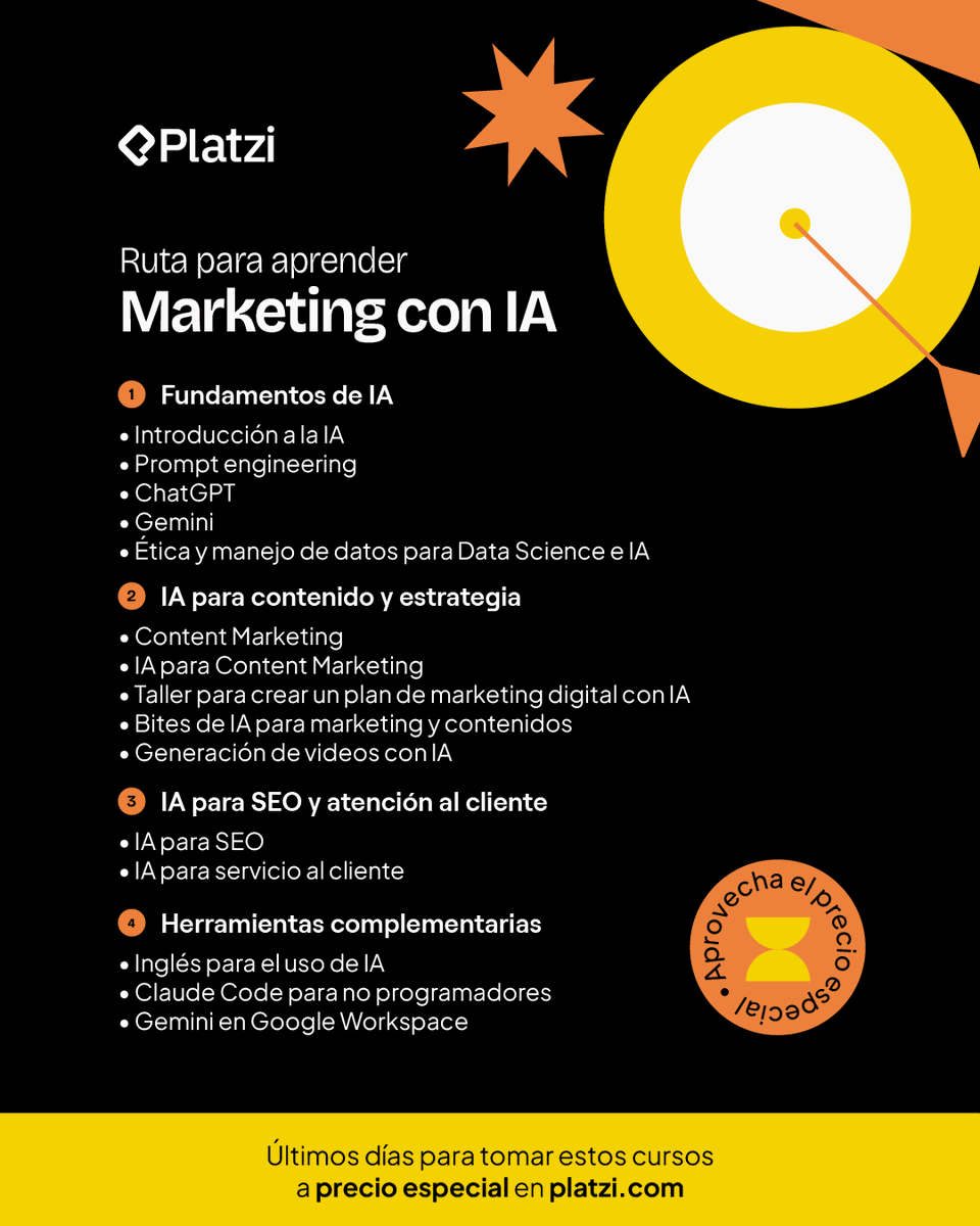 platzi's tweet photo. Hoy el marketing se apoya en IA en cada paso: investigación, contenido, SEO y hasta atención al cliente.
Esta ruta te enseña justo eso, de principio a fin.
Últimos días a precio especial en https://t.co/wTuIn7TwRw ⚡
#MarketingConIA #Platzi #PrecioEspecial https://t.co/7Trf5fZ6Q8