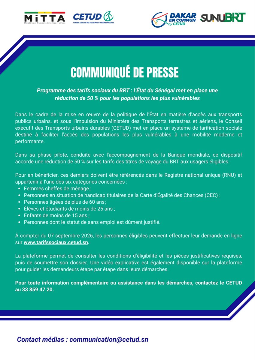 cetudsn's tweet photo. 🚍 Tarifs sociaux BRT : c’est lancé !

Les personnes éligibles au RNU peuvent bénéficier de 50 % de réduction sur les titres de voyage.

👉 Éligibilité et demande : https://t.co/u28HqjJUho
📞 33 859 47 20 

#CETUD #SunuBRT #TarifsSociaux #MobilitéPourTous #InclusionSociale https://t.co/aQBoPWRoO6