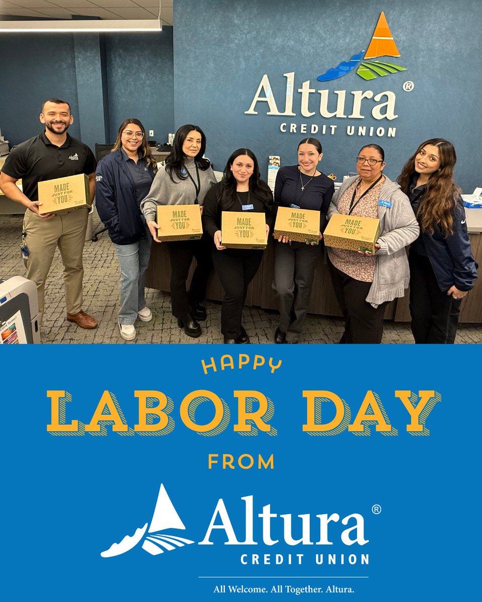 AlturaCU's tweet photo. NOTICE: We will be CLOSED Monday, September 7th in observance of Labor Day.

Happy #LaborDay! We are grateful to have such amazing employees at Altura Credit Union! 🧡

📸: Surprise Lunch Drop-Off for Employees at the Corona Plaza Branch

#AlturaCU https://t.co/RzcwhPcyIs