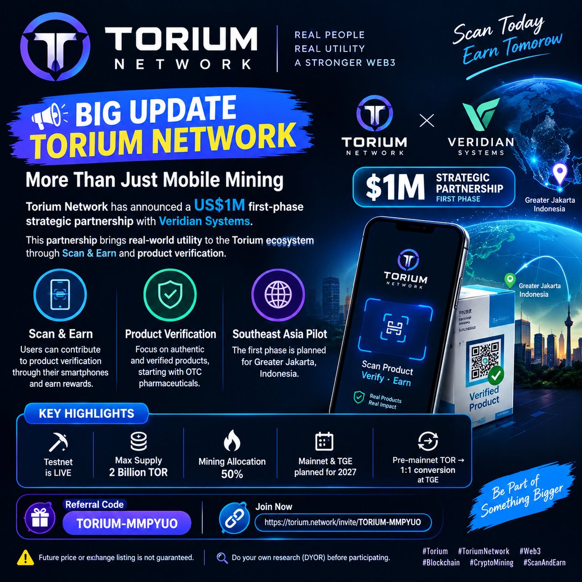 SKTRICKS25's tweet photo. 🚀 TORIUM NETWORK UPDATE

🤝 $1M Strategic Partnership with Veridian Systems

📱 Focus: Scan &amp; Earn + Product Verification

🌏 First pilot planned in Southeast Asia

🔗 Real-world utility ki direction mein ek interesting step.

🔎 DYOR.

#torium @Torum_Network
#ToriumNetwork https://t.co/GtT3VfF5yC