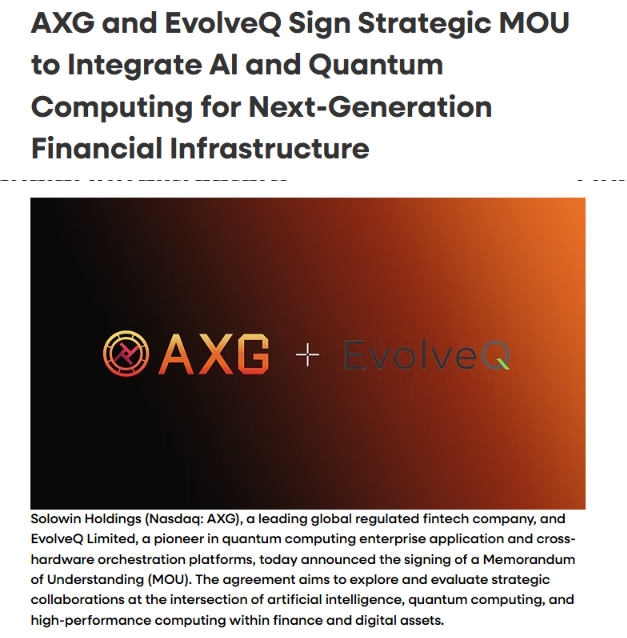 einfreakinstein's tweet photo. BREAKING: AXG JUST ADDED QUANTUM COMPUTING TO THE AI FINANCE STORY
$AXG and EvolveQ signed a strategic MOU to explore how AI, quantum computing and HPC could be integrated into next-generation financial infrastructure.
The interesting part is the use-case mix: trading optimization, digital assets, advanced financial systems and cross-hardware orchestration.
This is still an exploratory MOU, not a commercial rollout, but it gives AXG another major technology angle at the intersection of AI + QUANTUM + FINTECH.
For a speculative growth-stage name, that is a catalyst worth watching closely