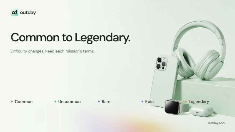 OutDayApp's tweet photo. Common, Uncommon, Rare, Epic, Legendary.

Outday's rarities describe the challenge, not a fixed number of winners. We set the places and RWA reward for each mission.

Check the actual task and reward before you enter, not just the colour.

https://t.co/XG0zqubmbQ https://t.co/FSGMbhKe3v