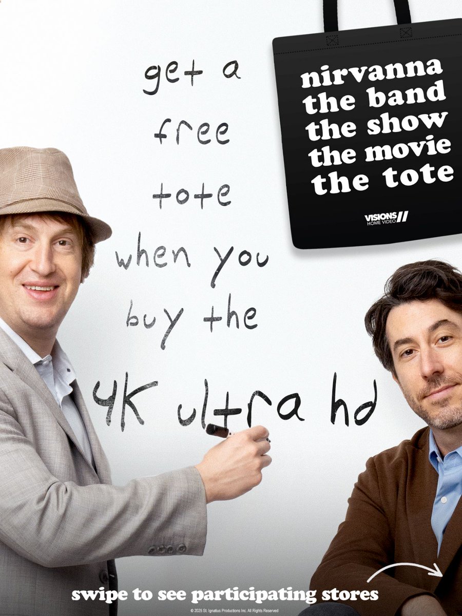hmvtweets's tweet photo. 2 weeks until #NirvannaTheBandTheShowTheMovie arrives on 4K!

 Get a free, exclusive tote bag into your hands - and unlike Matt &amp; Jay’s Rivoli plans, this one will actually work.

 👉 Swipe for participating stores &amp; offer details!

 *While stocks last. https://t.co/Fm9mZgRDRY