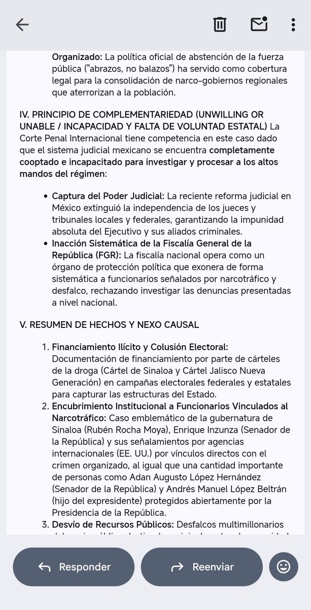 JTuffic's tweet photo. 🚨 ¡LO QUE SE PROMETE SE CUMPLE, MÉXICO! LA DENUNCIA ANTE LA CORTE PENAL INTERNACIONAL YA ES UNA REALIDAD. 🚨

​Buenos días a todos los mexicanos libres y a la verdadera oposición que no se dobla ni se vende ante este narco-régimen.

​Tal como me comprometí con ustedes, el día de ayer presenté con mi equipo de abogados vía correo electrónico OFICIALMENTE la comunicación formal ante la Oficina del Fiscal de la Corte Penal Internacional (CPI) en La Haya, invocando de manera estricta el Artículo 15 del Estatuto de Roma por la comisión de Crímenes de Lesa Humanidad en nuestro país.

​⚖️ PRINCIPALES SEÑALADOS EN EL EXPEDIENTE:

1️⃣ Andrés Manuel López Obrador: Por la política estatal de impunidad, la entrega del territorio al narcotráfico y la orden de no persecución.
2️⃣ Claudia Sheinbaum Pardo: Por la continuidad, encubrimiento e impunidad sistemática desde la Presidencia.
3️⃣ La camarilla de narco-políticos: Incluyendo a Rubén Rocha Moya, Enrique Inzunza, Adán Augusto López y Andrés Manuel López Beltrán.

​📌 LOS HECHOS SUSTENTADOS:

​Crisis sistemática con más de 236,000 homicidios dolosos y 130,000 personas desaparecidas.

​Colusión electoral directa y financiamiento documentado del Cártel de Sinaloa y CJNG.
​Cooptación del Poder Judicial y de la FGR para garantizar impunidad absoluta.

​✊🏼 ¡ES MOMENTO DE SUMAR A MILLONES DE VOCES!
El trámite ya está en la mesa de la Fiscalía en La Haya. 

Si quiere usted sumarse cuando la CPI requiera el respaldo social y la recolección de firmas para respaldar a las víctimas, ¡DÉJENMELO SABER EN ESTA PUBLICACIÓN!

​Que sientan el peso de un pueblo entero que no se va a callar. Se les acabó la fiesta, se les cayó el teatro y los vamos a sentar en el banquillo de la justicia internacional.

​¡POR UN MÉXICO EN PAZ, JUSTO Y DEFINITIVAMENTE LIBRE DE ESTOS ASESINOS!