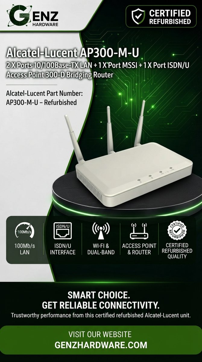 GenZ_Hardware's tweet photo. Alcatel-Lucent AP300-M-U 2 X Ports 10/100Base-TX LAN + 1 X Port MSSI + 1 X Port ISDN/U Access Point 300-D Bridging Router Alcatel-Lucent Part Number: AP300-M-U – Refurbished
#AlcatelLucent #AP300MU #AP300D #AccessPoint300D #BridgingRouter #AccessPoint 
https://t.co/FZrLzQqFD7 https://t.co/NTQEovk54O