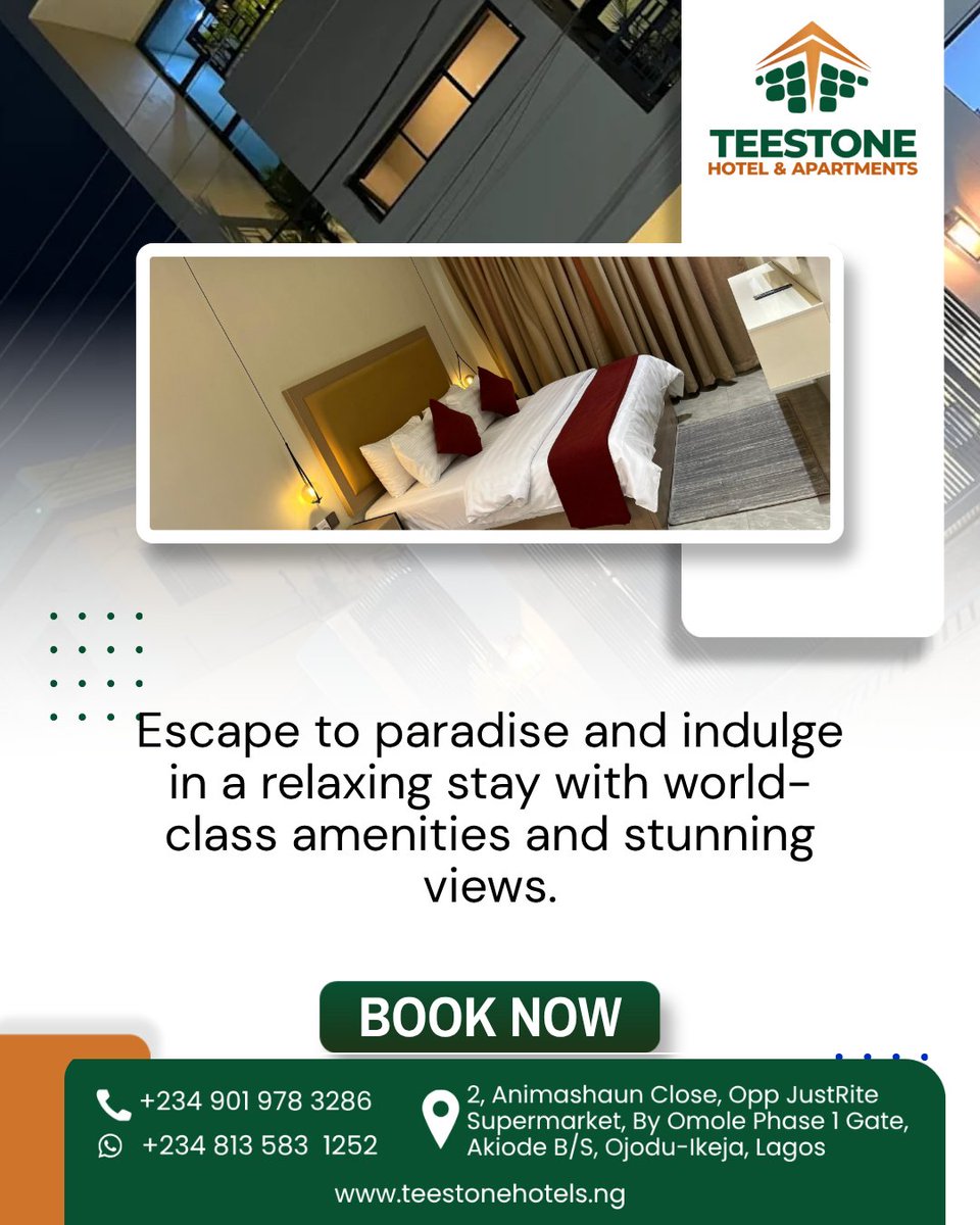 Teestonehotel's tweet photo. FOR RESERVATIONS
Call: +234 901 978 3286
WhatsApp: +234 813 583 1252
Web: https://t.co/E3PnJPW24Q

#TeestoneHotels #MidweekVibes #ModernHospitality #StayVibes #GoodEnergyOnly #HotelLife https://t.co/PPKFMkGZ6s