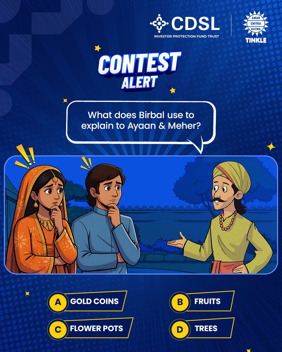 CdslIndia's tweet photo. Looking for a clue?

Watch our collaboration video from Amar Chitra Katha that brings your childhood nostalgia alive!

Comment with your answer below to win exciting prizes.

How to Participate:
1️⃣ Comment the correct answer below
2️⃣ Tag three friends who believe in informed investing
3️⃣ 3 lucky winners will win vouchers worth ₹1000/-*
4️⃣ Like this post and follow CDSL on all its social media handles

T&C apply.