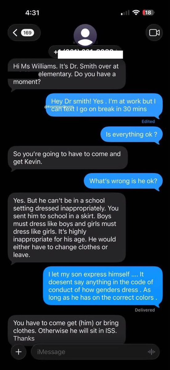 TheeRealDaviesX's tweet photo. PARENTS 🗣️ 
How would you respond to the school after reading that last message? Do you agree that a grade-school-aged boy should be allowed to wear a skirt to school? https://t.co/KGkXf7H1xH