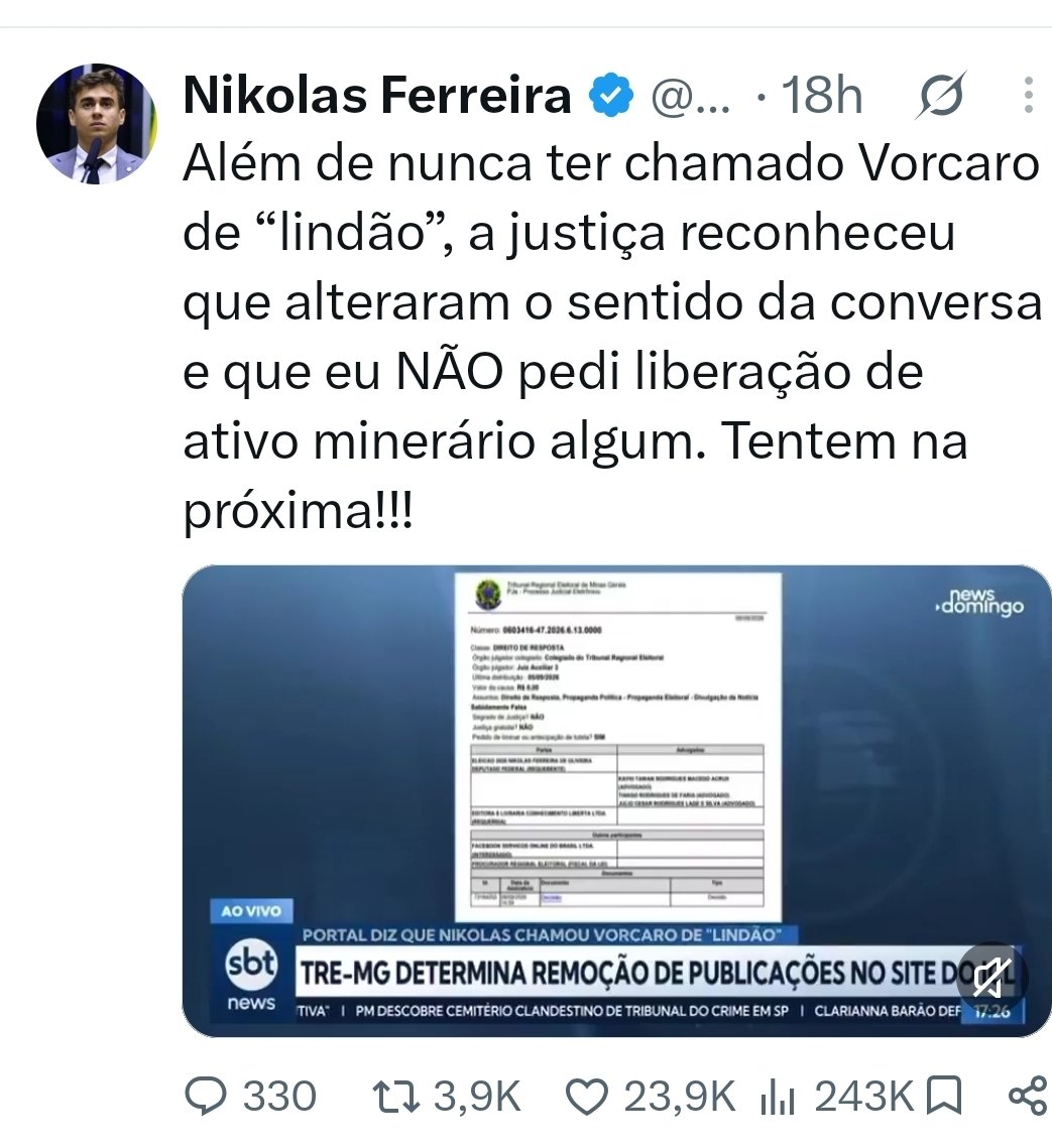 julianadalpiva's tweet photo. Pego na mentira @nikolas_dm 

O juiz não falou que você não intermediou ativo minerário 👀 https://t.co/yO61lfAKGo