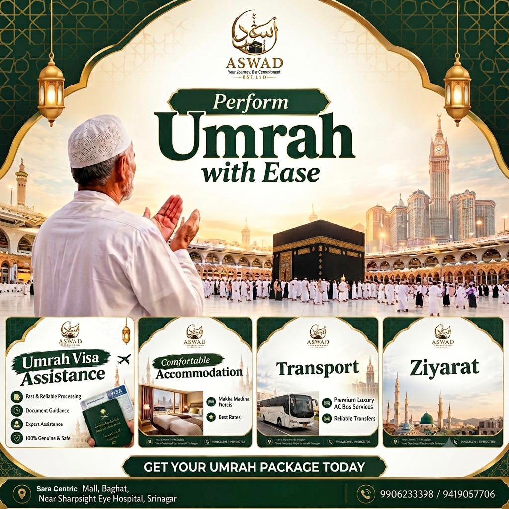 AswadInter's tweet photo. Your journey to the House of Allah, made comfortable and hassle-free.
From visa assistance to comfortable accommodation, reliable transport, and Ziyarat — Aswad International is here to make your Umrah journey easier.
Perform Umrah with ease and peace of mind. https://t.co/Hd2JCpu99z