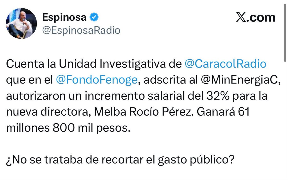 lauracahumada's tweet photo. Mientras al colombiano le dicen: “ahorre más de 10% o le cobramos más”, en plena llegada del fenómeno del Niño y con regiones donde el calor es insoportable, este Gobierno sí encuentra plata aumentarle en un 32% el sueldo a la directora de FENOGE. 

No puede ser que el costo de una crisis energética termine recayendo otra vez sobre la gente, mientras arriba se premia la burocracia.

Presidente, ¿por qué el sacrificio siempre lo hace el pueblo? ¿Cuál era el plan de austeridad y recorte del gasto público?