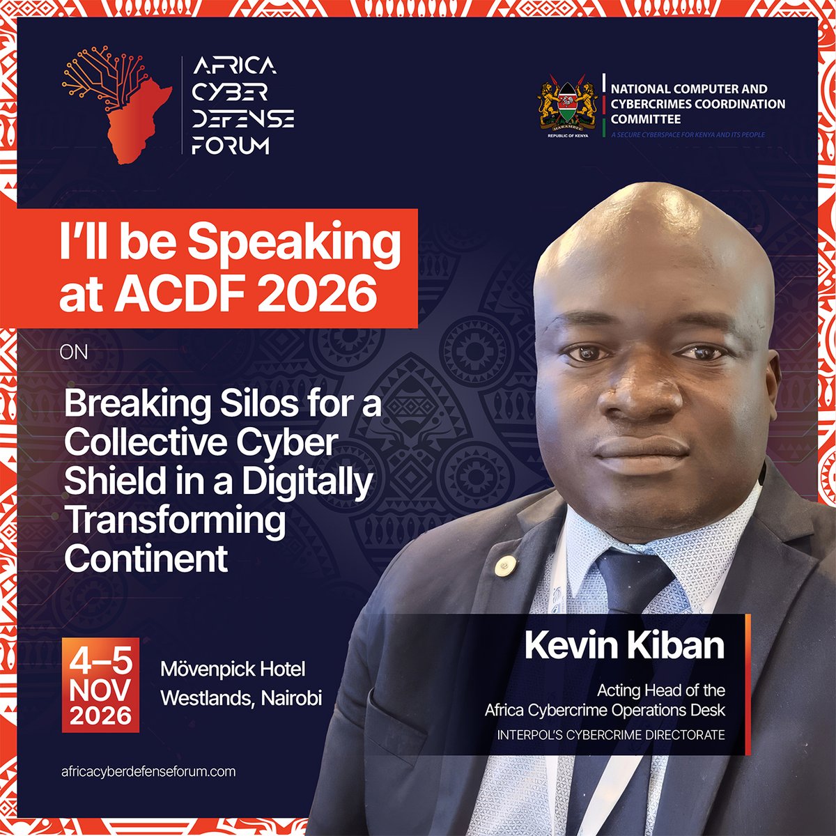 AcdfNetworks's tweet photo. Cybercriminals Don't Respect Borders and Neither Does Kevin Kiban's Keynote

A ransomware crew doesn't check visas nor does a phishing syndicate stop at customs and yet too often, our defenses still operate agency by agency, country by country and silo by silo.

We're honored to announce Kevin Kiban, Acting Head of the Africa Cybercrime Operations Desk at INTERPOL's Cybercrime Directorate, as a keynote speaker at ACDF 2026.

Seconded from the Cameroonian Police, Kevin has spent his career turning fragmented national efforts into coordinated continental action where he led cross-border cybercrime operations, driving intelligence-sharing between member states, CERTs, and private sector partners.

Kevin served as Lead Operations Officer for the inaugural editions of two flagship INTERPOL operations: SERENGETI and SENTINEL. These landmark campaigns reshaped how Africa disrupts cybercriminal infrastructure at scale.

His keynote, Breaking Silos for a Collective Cyber Shield in a Digitally Transforming Continent, will challenge delegates to rethink cyber defense not as a national problem with international help, but as a continental problem demanding continental architecture.

🗓️ 2–6 November 2026 | Main plenary sessions: 4–5 November
📍 Mövenpick Hotel & Residences, Nairobi 

🎟️ Secure your CyBoma Pass: https://t.co/njS2yuSxlh

#ACDF2026 #CyberSovereignty #ShapingTheFutureOfCyberDefense #CyBomaPass
