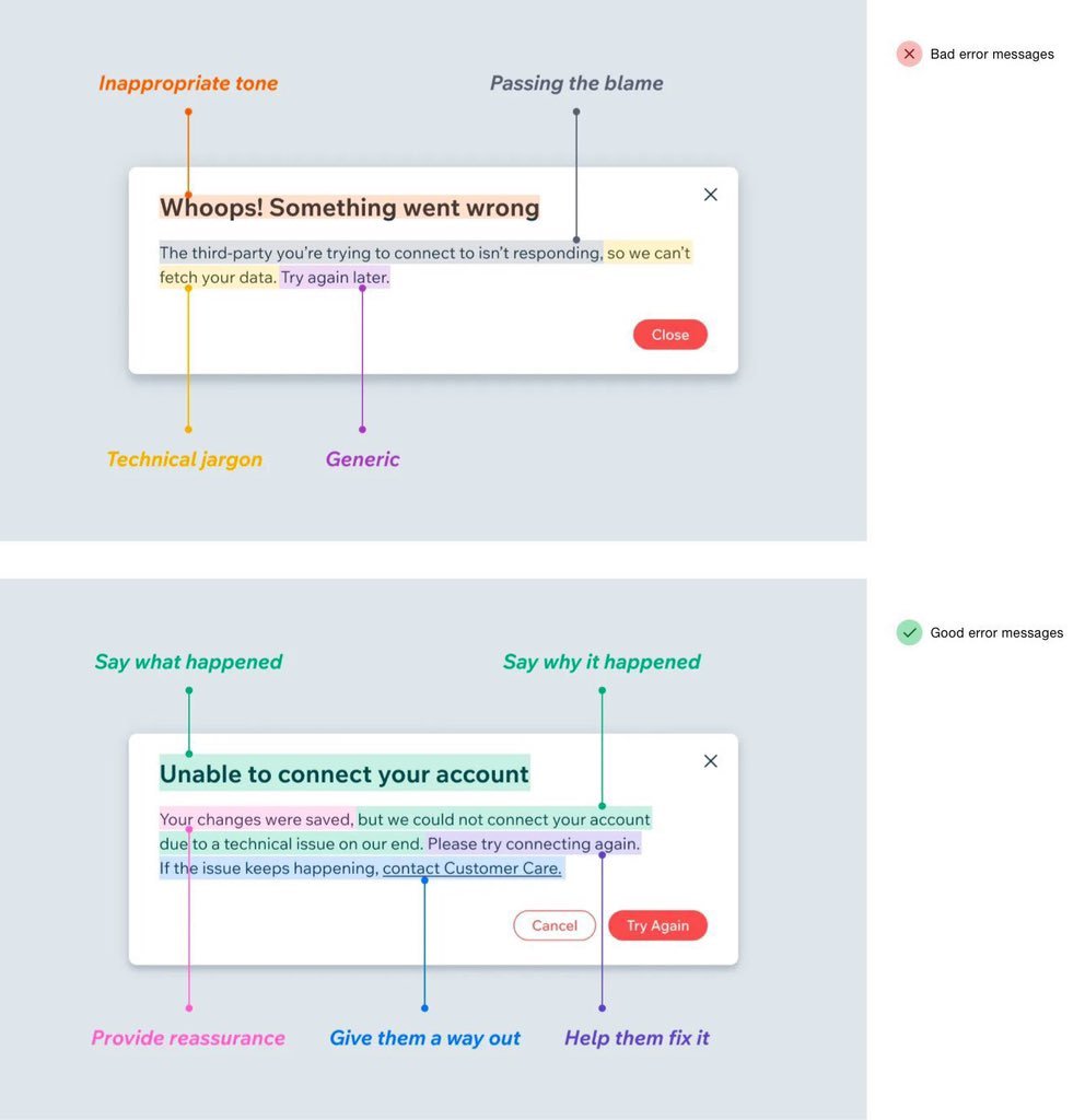 charle2creative's tweet photo. Bad error messages blame and confuse.

Good ones explain, reassure, and help.

Say what happened → why → how to fix it.

Add a clear way out.

Error states are product moments. 

Design them with care. https://t.co/U1DTQDWyTU
