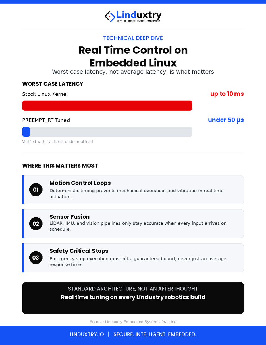 LinduxtryDE's tweet photo. Stock Linux kernel: worst case latency up to 10 ms.
PREEMPT_RT tuned: under 50 microseconds.

For robotics running motion control at 1kHz, that gap is the difference between a stable arm and a safety fault.

Lets connect @LinduxtryDE 

#RealTimeSystems #EmbeddedLinux #Robotics https://t.co/20xIGbkXkv