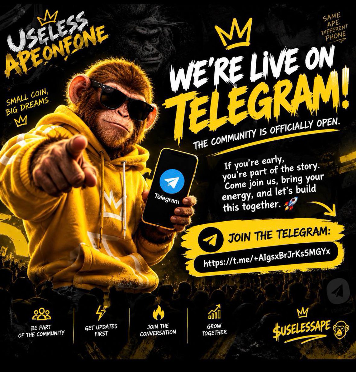USELESSAPEEE's tweet photo. THE PHONE IS ON. 📱🦍
Telegram is LIVE.
Who’s joining us early? 👀🚀 https://t.co/Pll5oBJyqc