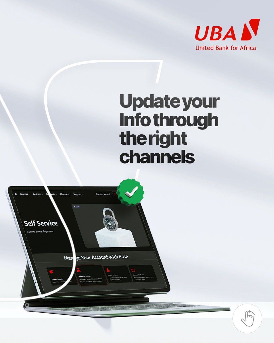 UBAGroup's tweet photo. 𝐔𝐩𝐝𝐚𝐭𝐞 𝐘𝐨𝐮𝐫 𝐈𝐧𝐟𝐨 𝐓𝐡𝐞 𝐑𝐢𝐠𝐡𝐭 𝐖𝐚𝐲.

Always update your account information through the official UBA Self-Service Portal or by visiting any UBA branch.

Keep your personal and banking information secure by only using trusted UBA channels whenever you need to make changes to your account.

#AfricasGlobalBank