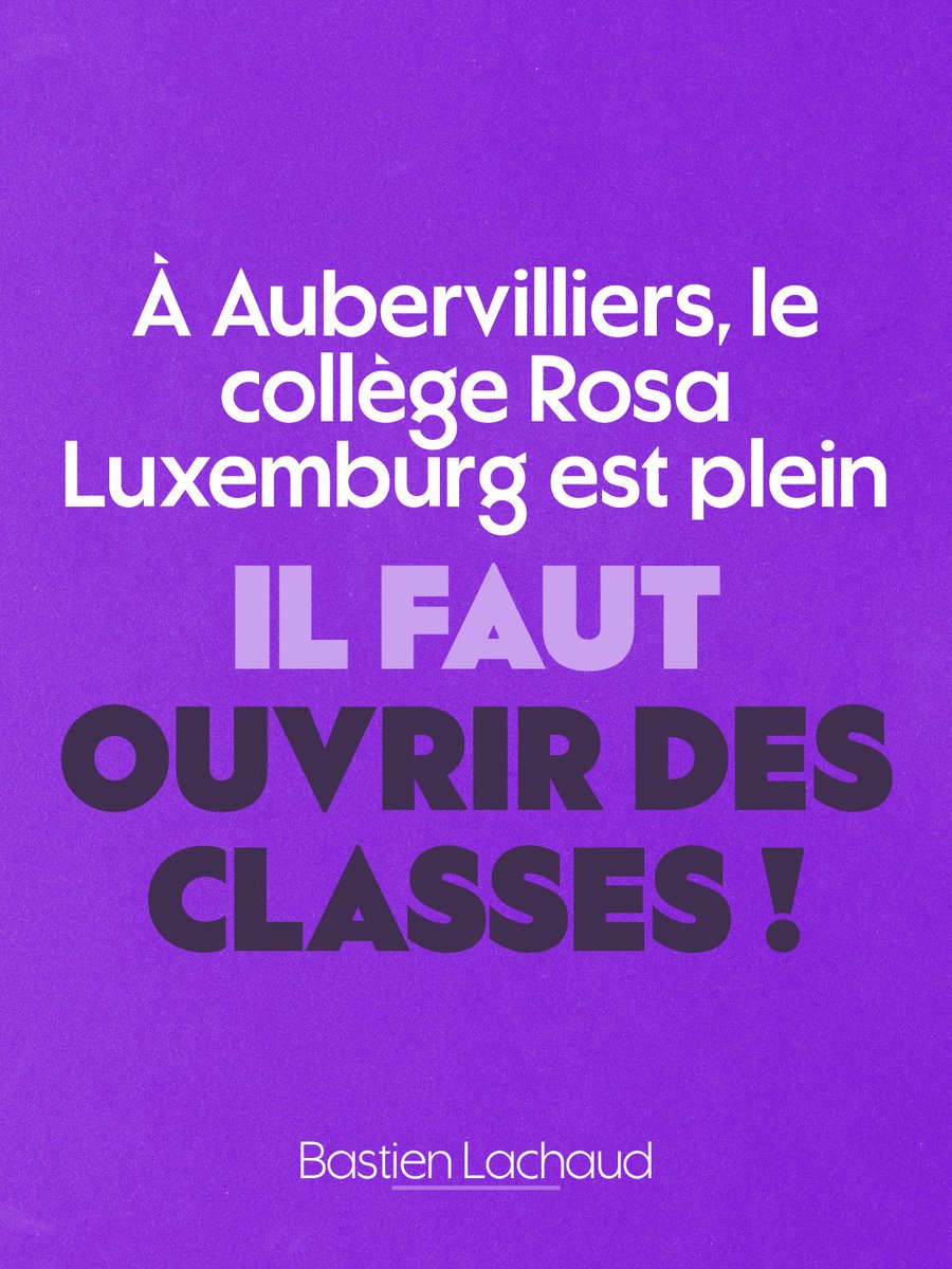 LachaudB's tweet photo. Il faut des moyens supplémentaires au collège Rosa Luxemburg d’Aubervilliers.

Les classes de 6e et de 5e sont déjà complètes ou dépassent les seuils, il ne reste presque plus de places en 4e et en 3e, et une vingtaine d’élèves nouvellement arrivés en France au sein du dispositif UPE2A risquent de ne pas pouvoir être accueillis en classe ordinaire. Aucune ouverture n’est programmée. C’est inacceptable.

Avec les élu·es insoumis·es d’Aubervilliers, j’ai écrit à la rectrice et à l’inspectrice d’académie pour demander l’ouverture d’une classe de sixième et d’une classe de cinquième, et une prise en compte réelle de la croissance démographique du quartier Centre-ville/Marcreux.

Soutien plein et entier à la communauté éducative, parents, personnels et enseignant·es, qui se battent pour que chaque enfant apprenne dans des conditions dignes.