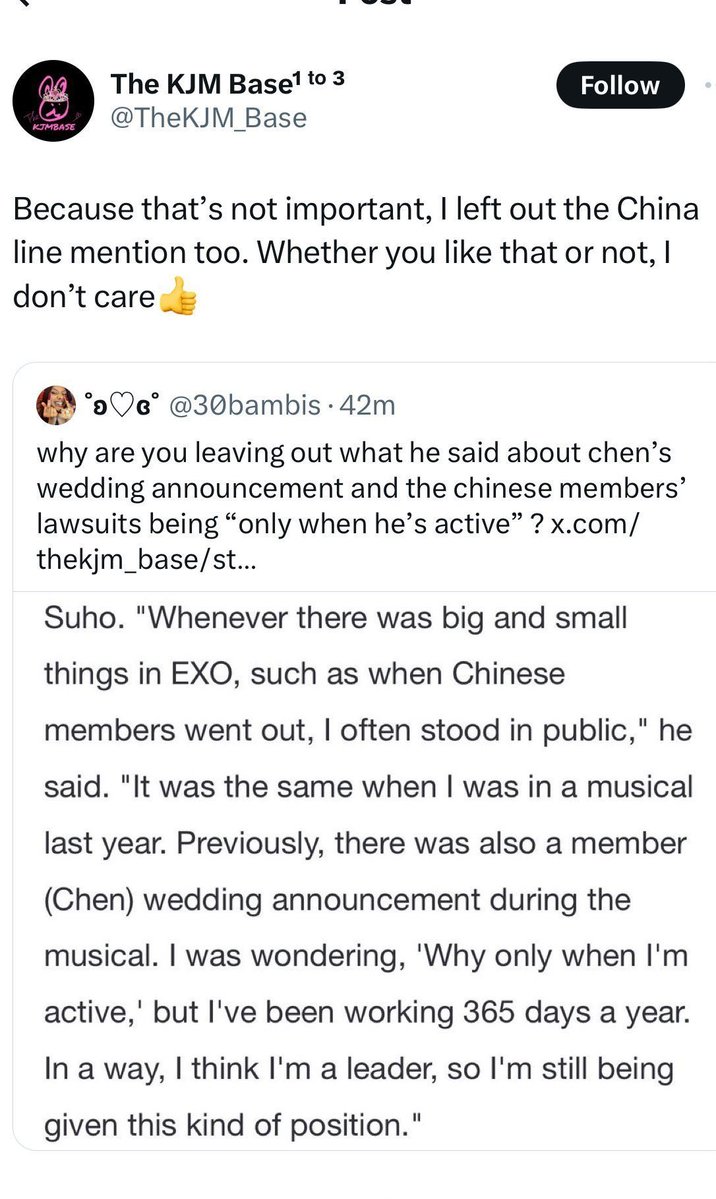 JYAckerman123's tweet photo. Idk.. but CBX never went on an interview and threw EXO under the bus. Someone did, his name is Kim Junmyeon or Suho. EXO’s leader!

All he cares about is EXO right? Even if the members were hurting, he’ll tell them to suck it up because without EXO he is nothing. NOTHING! https://t.co/WGSkrEnc0s
