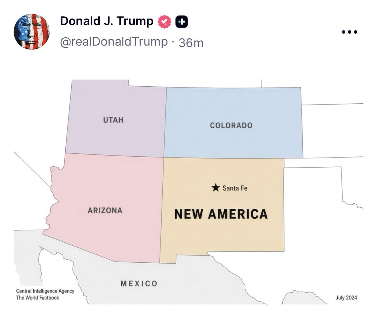 GuntherEagleman's tweet photo. 🚨 EPIC! TRUMP IS ON A ROLL THIS MORNING! 🤣

Trump just relabeled New Mexico as “NEW AMERICA” on all the maps.

Love the trolling or hate it, the message is simple… This country is done apologizing for being America.

Plant the flag. Keep the name. Keep the country. https://t.co/NgxoQfjQHS