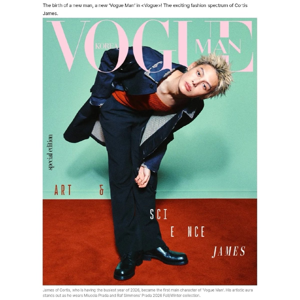 zhaoyufancokr's tweet photo. “james of cortis, who is having the busiest year of 2026, became the first main character of ‘vogue man’. his artistic aura stands out as he wears miuccia prada and raf simonsʼ prada 2026 fall/winter collection” https://t.co/I64dXmcEAD