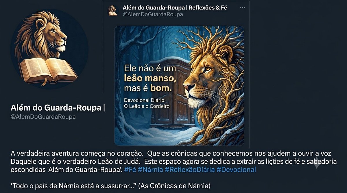 AlemDaPorta's tweet photo. "Ele não é manso, mas é bom."
Paz não é controlar o caminho, mas confiar em Quem caminha com você. O Leão não cabe nos nossos planos; Ele transforma a nossa história.
📖 Naum 1:7 https://t.co/ZFRmaVRH0C