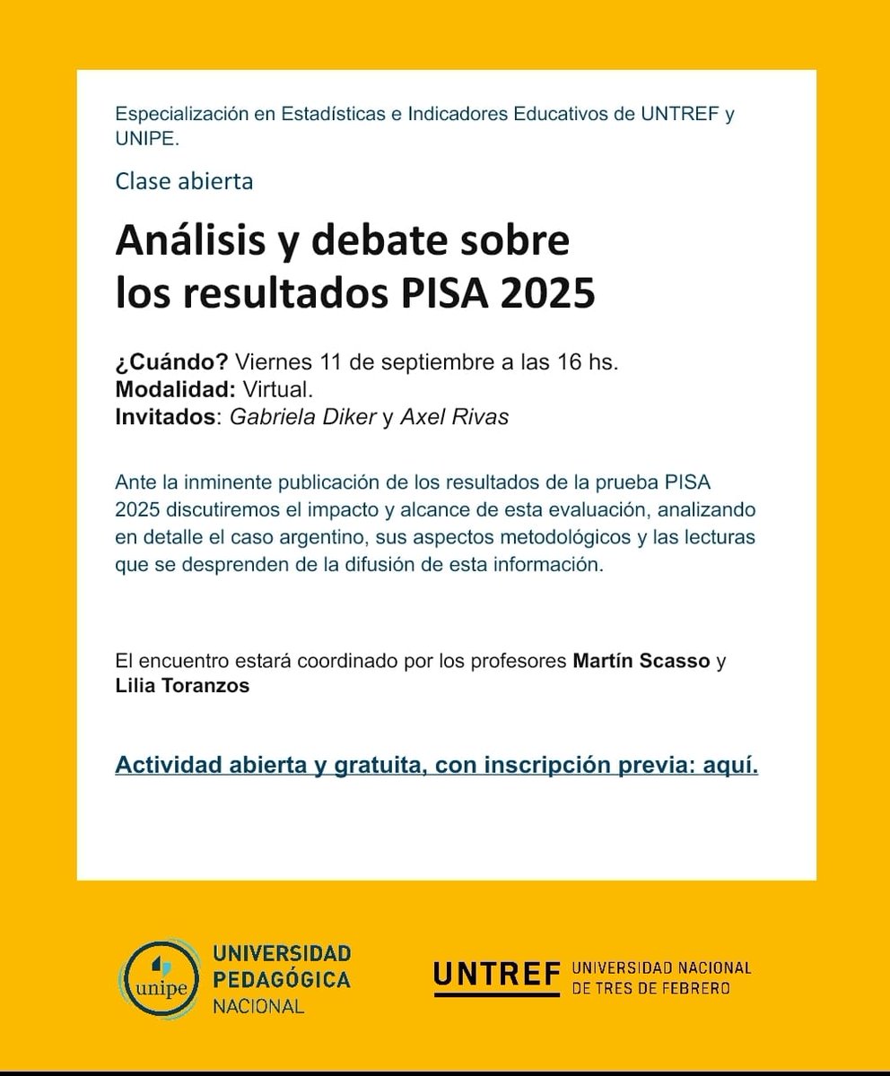 lebottinelli's tweet photo. Nueva clase abierta de la Especialización en estadísticas e indicadores educativos de @unipe_ar @UNTREF Vamos a analizar los resultados de la prueba PISA 2025 que se publican esta semana. Junto a profes invitados: Gabriela Diker y @arivas7. Pueden inscribirse👇 https://t.co/85zQmV7LOg