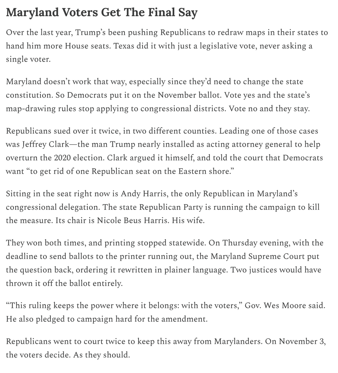 FightBack_MD's tweet photo. Via @DworkinReport: "Over the last year, Trump’s been pushing Republicans to redraw maps in their states to hand him more House seats. Texas did it with just a legislative vote, never asking a single voter.

On November 3, the voters [of Maryland] decide. As they should." https://t.co/ScNA2sAbbj
